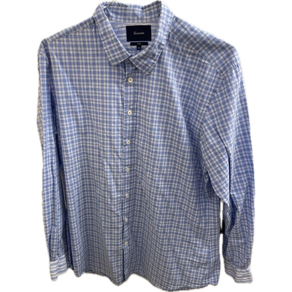 Faconnable Shirt Men’s XL Slim Blue Plaid Business Casual  Elbow Patches